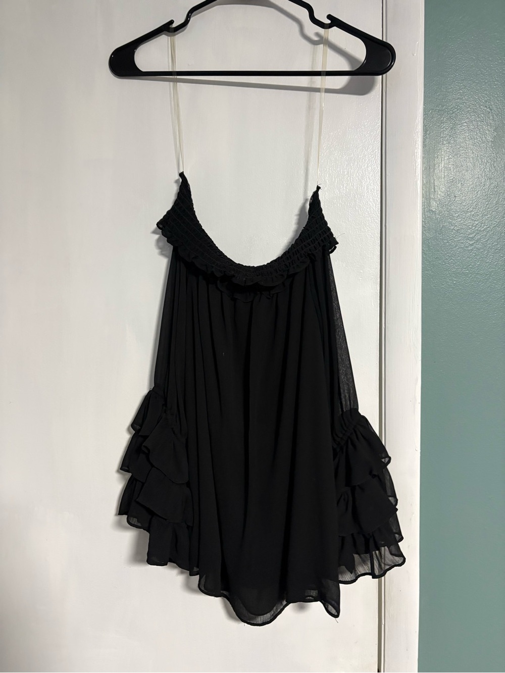 CeCe Black Smocked Ruffle off the shoulder blouse